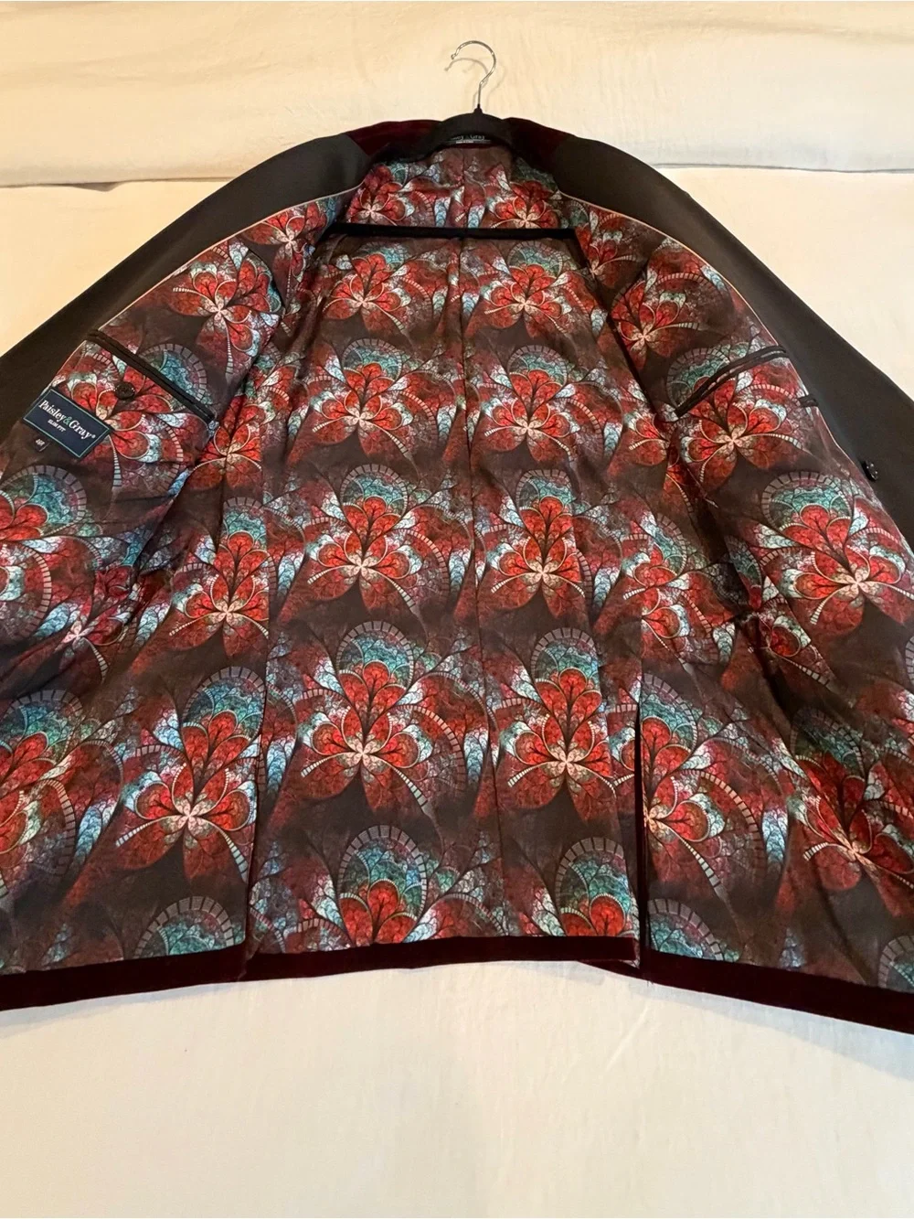 Paisley & Gray Slim Fit Double-Breasted Blazer with Red and Teal Paisley Lining